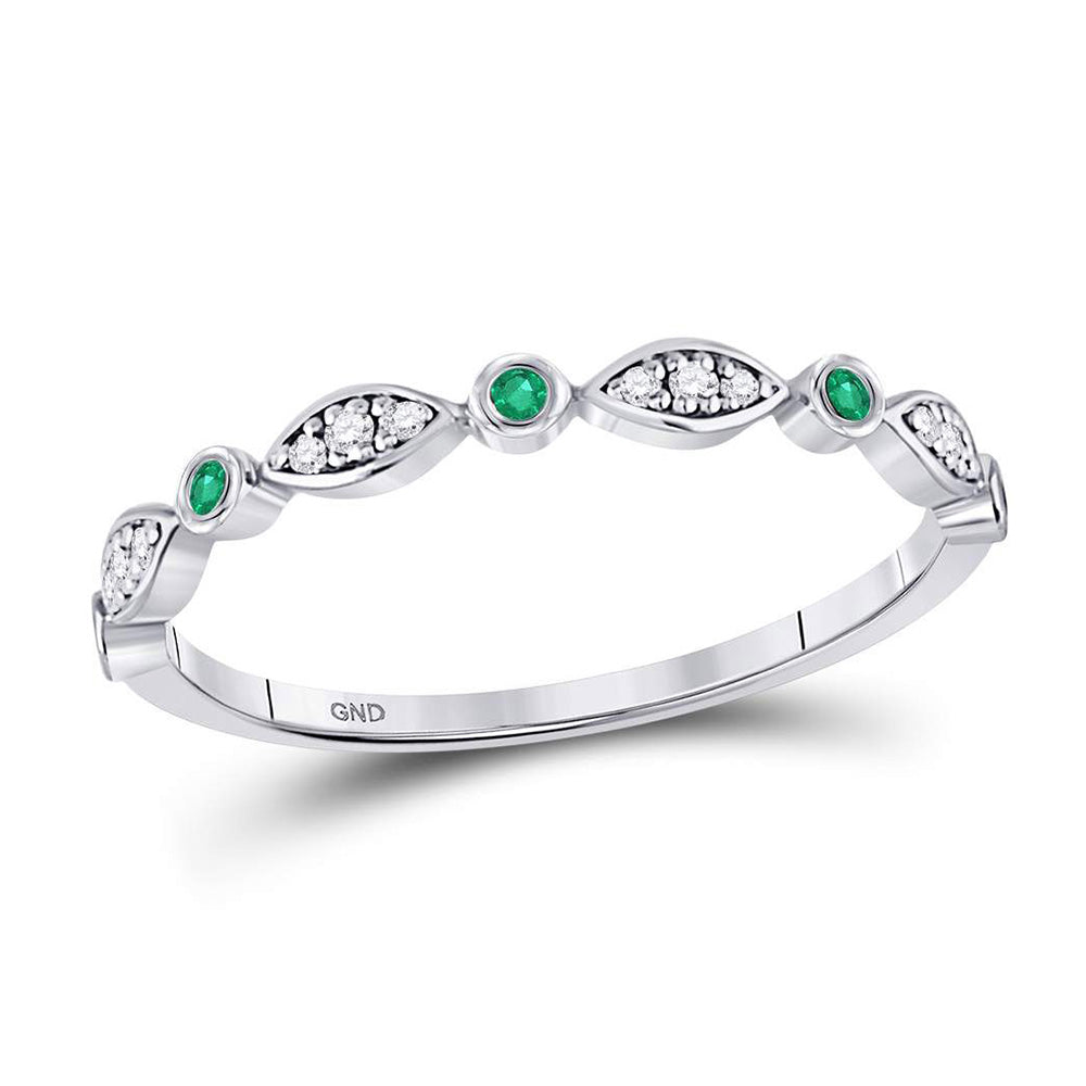10kt White Gold Womens Round Emerald Diamond Marquise Dot Stackable Band Ring 1/8 Cttw