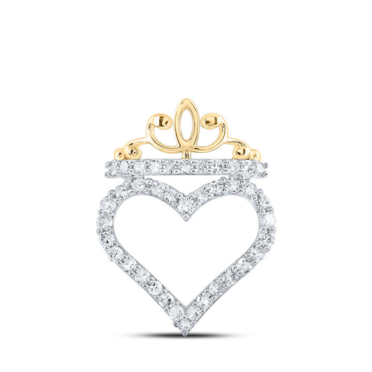 10kt Yellow Gold Womens Round Diamond Crown Heart Pendant 1/4 Cttw