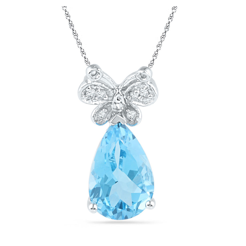 10kt White Gold Womens Pear Synthetic Blue Topaz Butterfly Bug Diamond Pendant 2-1/2 Cttw