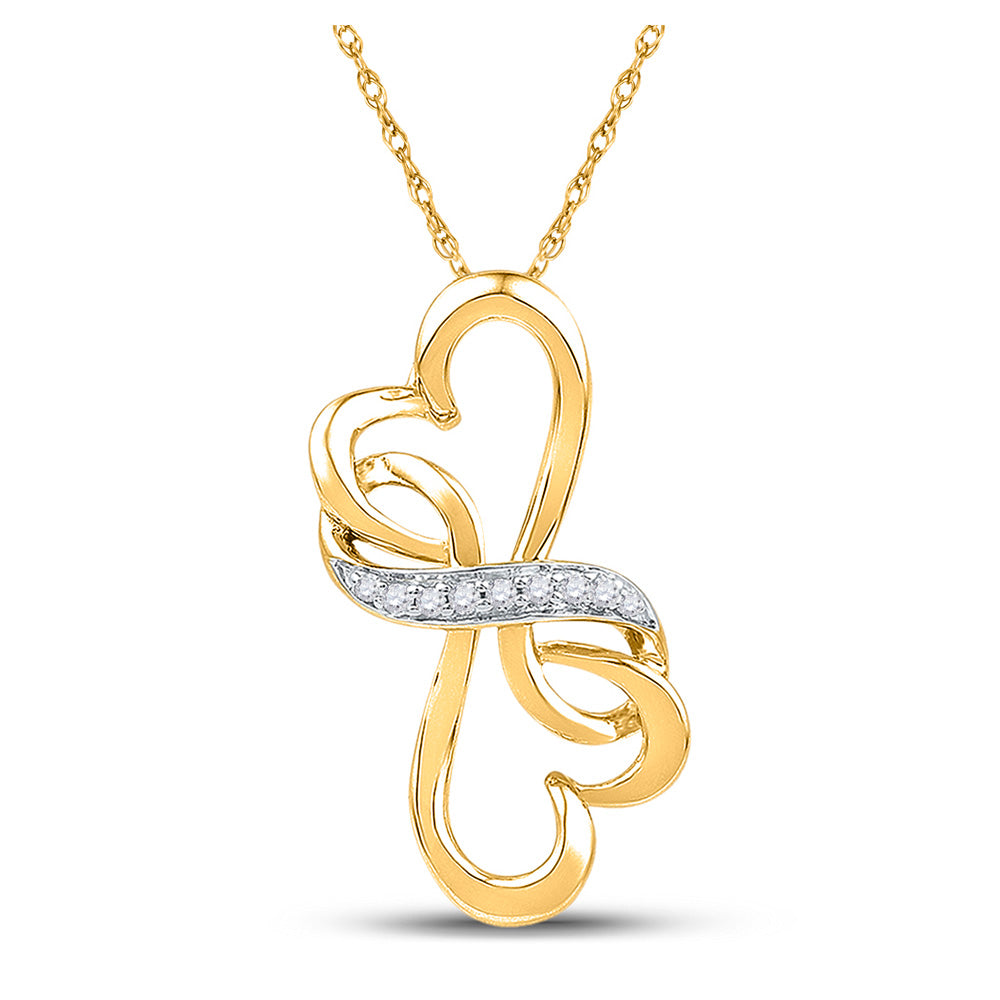 10kt Yellow Gold Womens Round Diamond Double Heart Pendant 1/20 Cttw