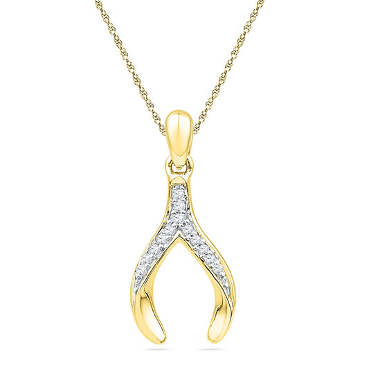 10k Yellow Gold Round Diamond Womens Wishbone Lucky Pendant 1/20 Cttw