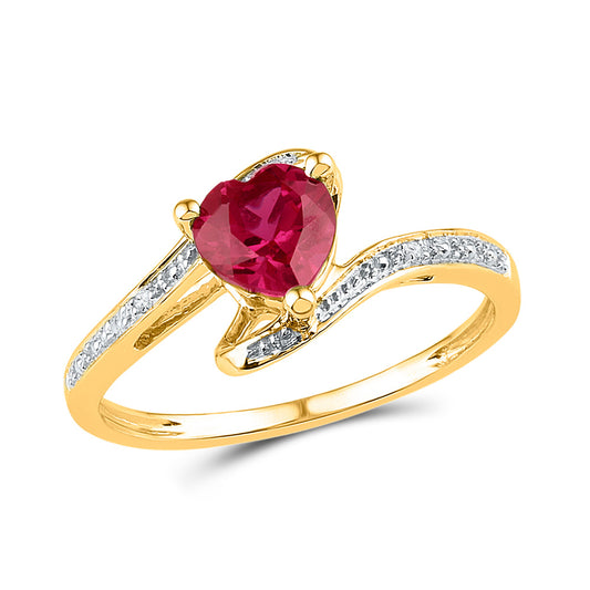 10kt Yellow Gold Womens Heart Lab-Created Ruby Solitaire Diamond-accent Bypass Ring 1 Cttw