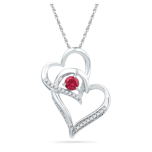 Sterling Silver Womens Round Synthetic Ruby Double Heart Pendant 1/3 Cttw