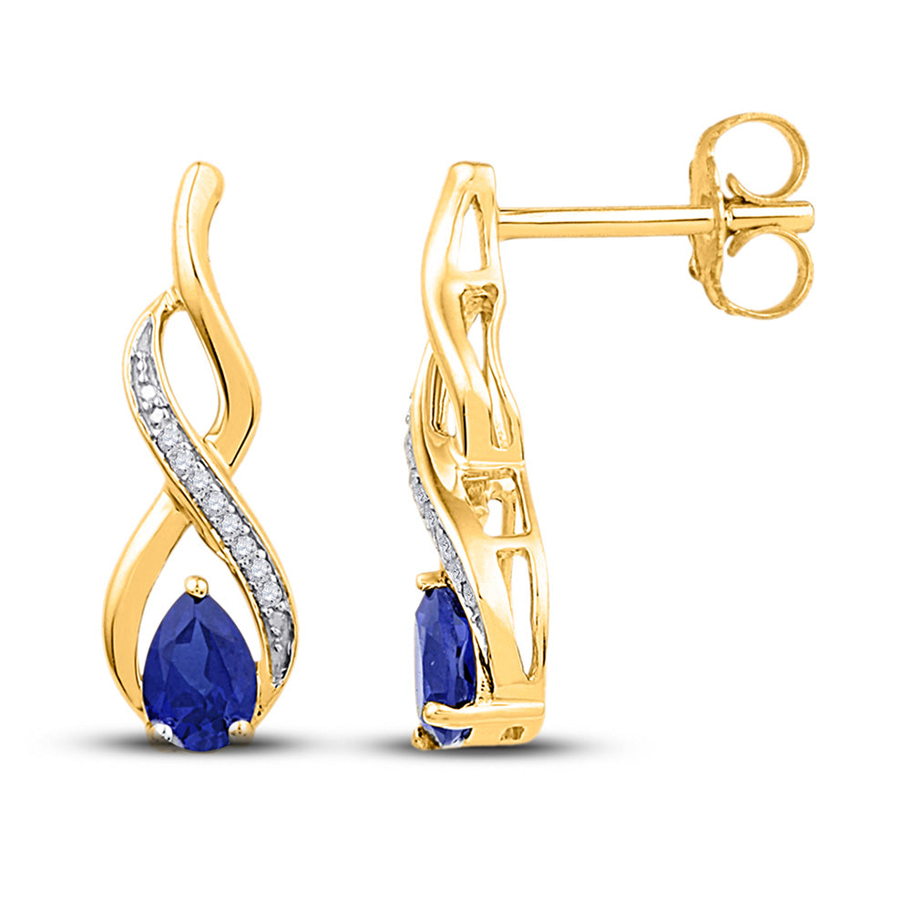 10kt Yellow Gold Womens Pear Synthetic Blue Sapphire Diamond Earrings 1 Cttw