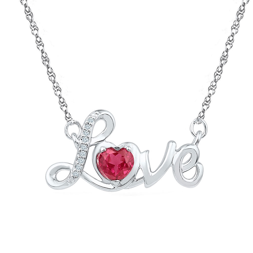 Sterling Silver Womens Round Synthetic Ruby Love Heart Necklace 1/2 Cttw