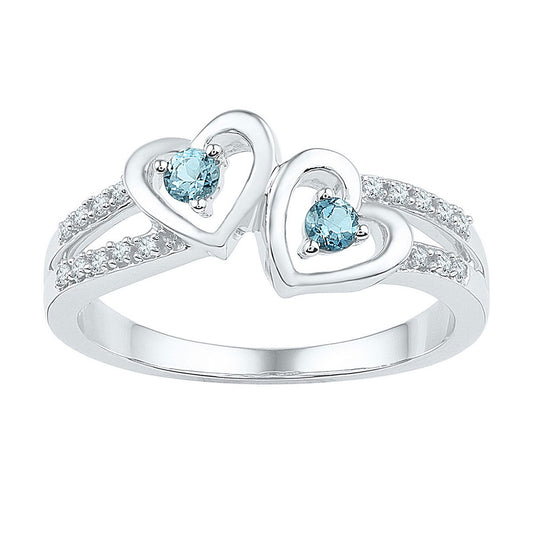 Sterling Silver Womens Round Synthetic Aquamarine Diamond Heart Ring 1/5 Cttw