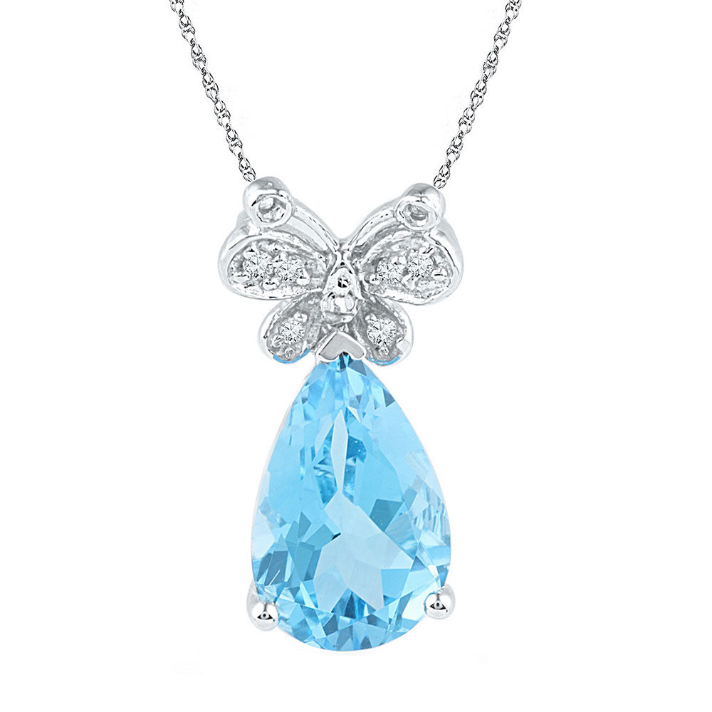 Sterling Silver Womens Pear Synthetic Blue Topaz Teardrop Butterfly Pendant 1/20 Cttw