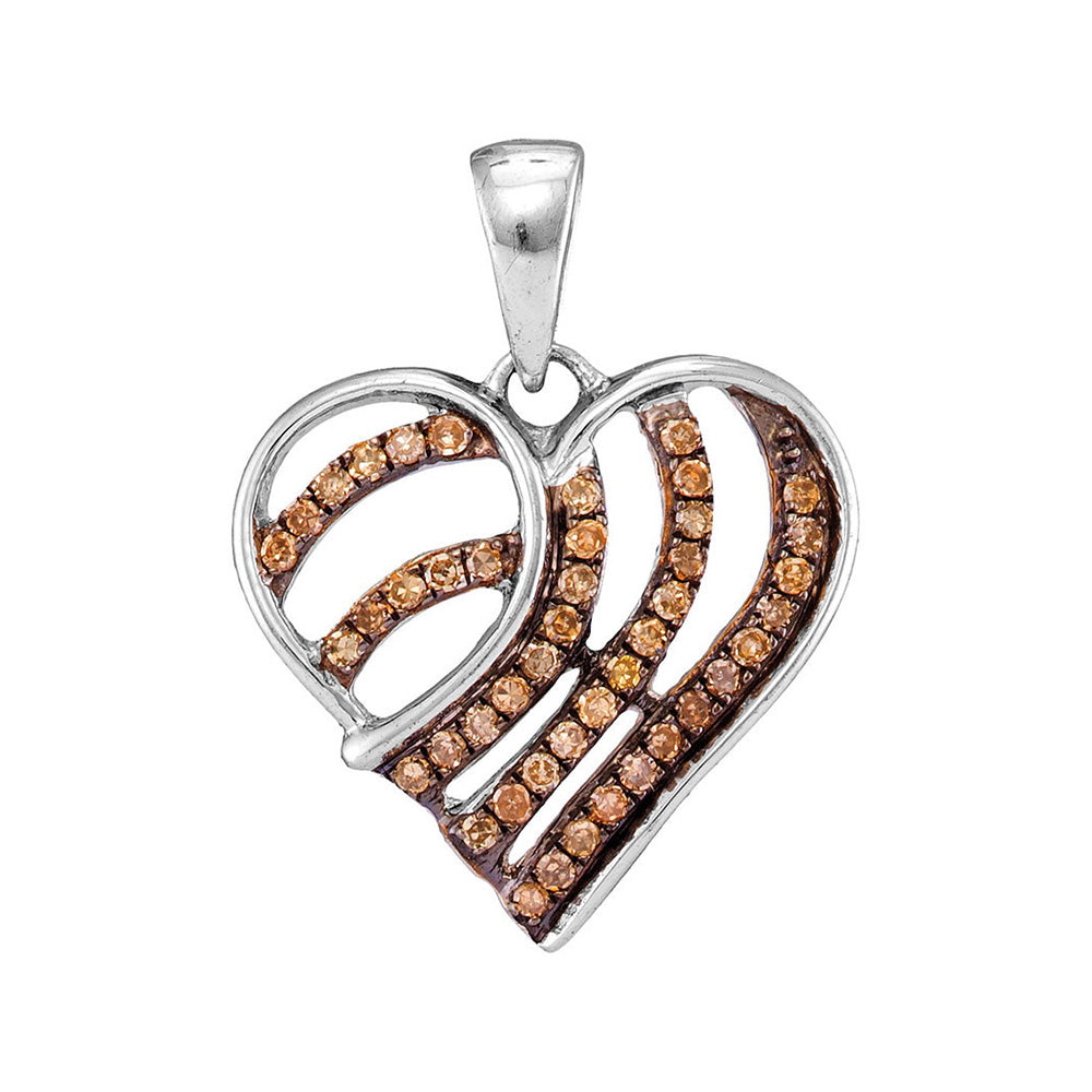 10kt White Gold Womens Round Brown Diamond Striped Heart Pendant 1/4 Cttw