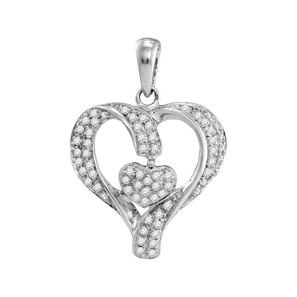 10kt White Gold Womens Round Diamond Heart Pendant 1/6 Cttw