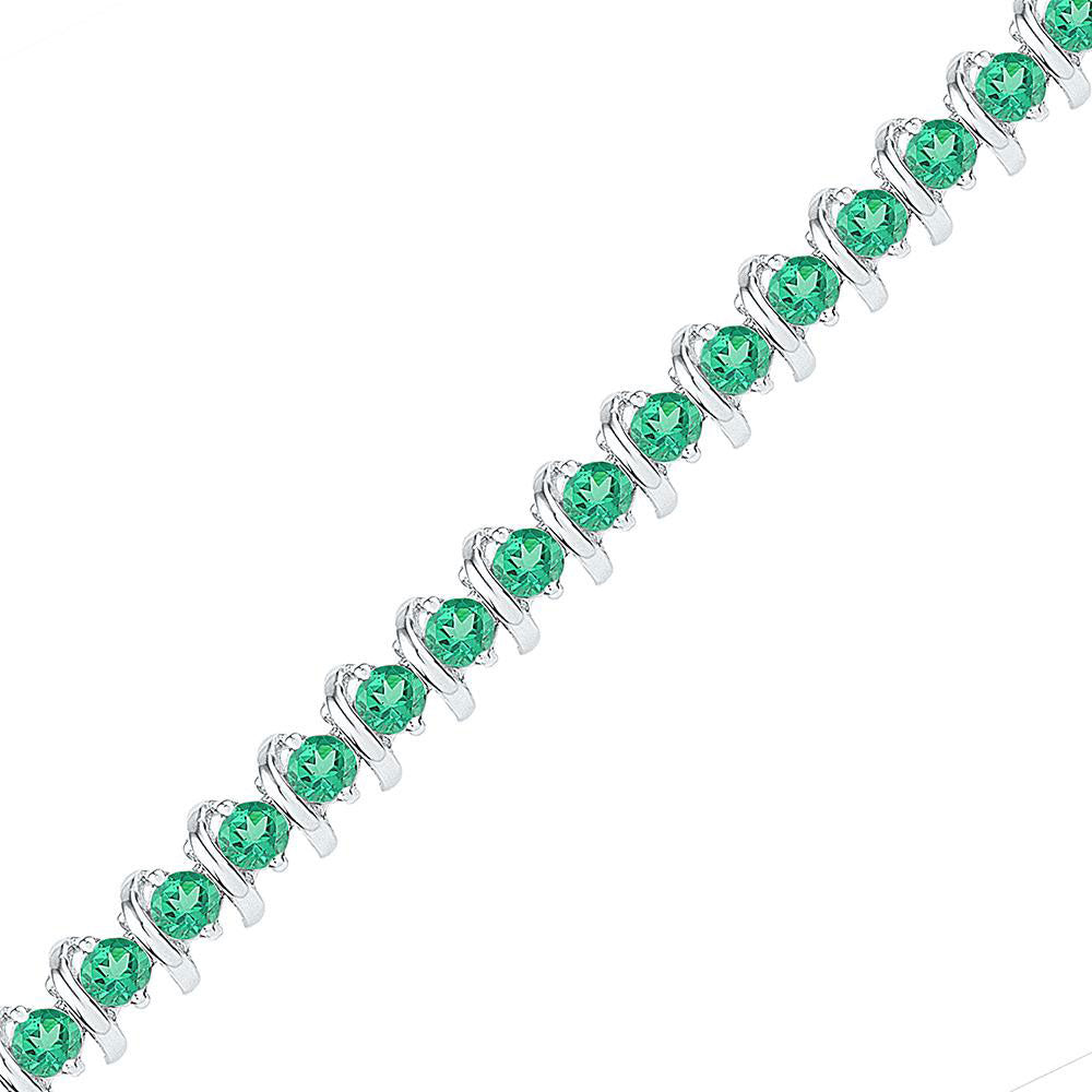 Sterling Silver Womens Round Synthetic Emerald Tennis Bracelet 6-1/2 Cttw