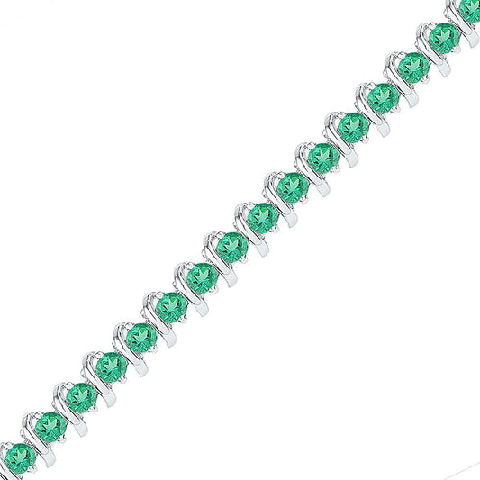 Sterling Silver Womens Round Synthetic Emerald Tennis Bracelet 6-1/2 Cttw