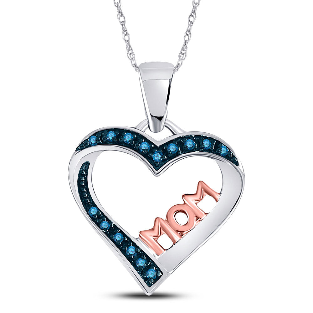 Sterling Silver Womens Round Blue Color Enhanced Diamond Heart Mom Pendant 1/10 Cttw