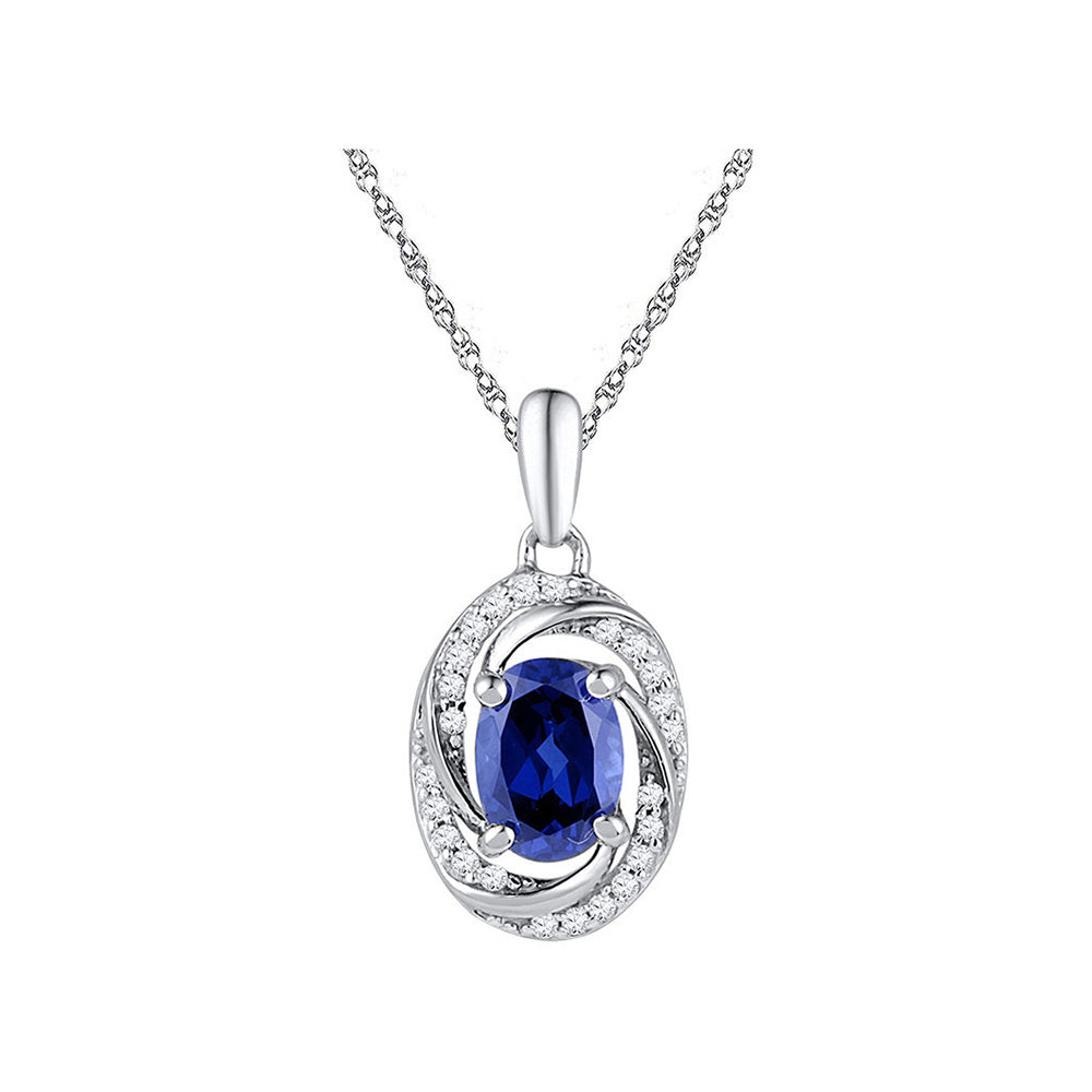 10kt White Gold Womens Oval Synthetic Blue Sapphire Solitaire Diamond Pendant 1-1/3 Cttw