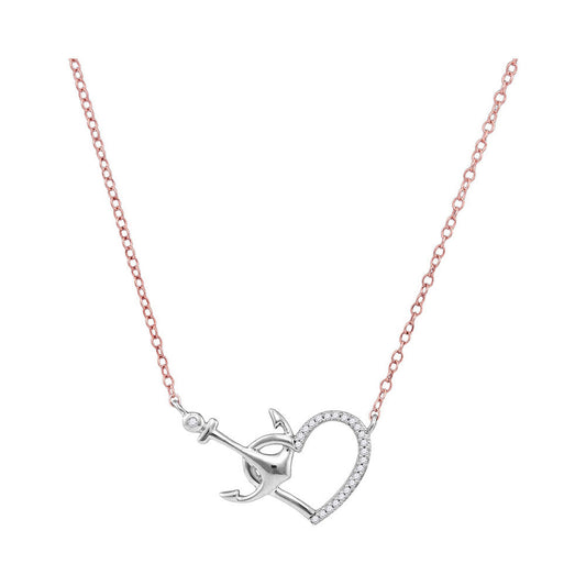 10kt White Gold Womens Round Diamond Heart & Anchor Pendant Necklace 1/12 Cttw