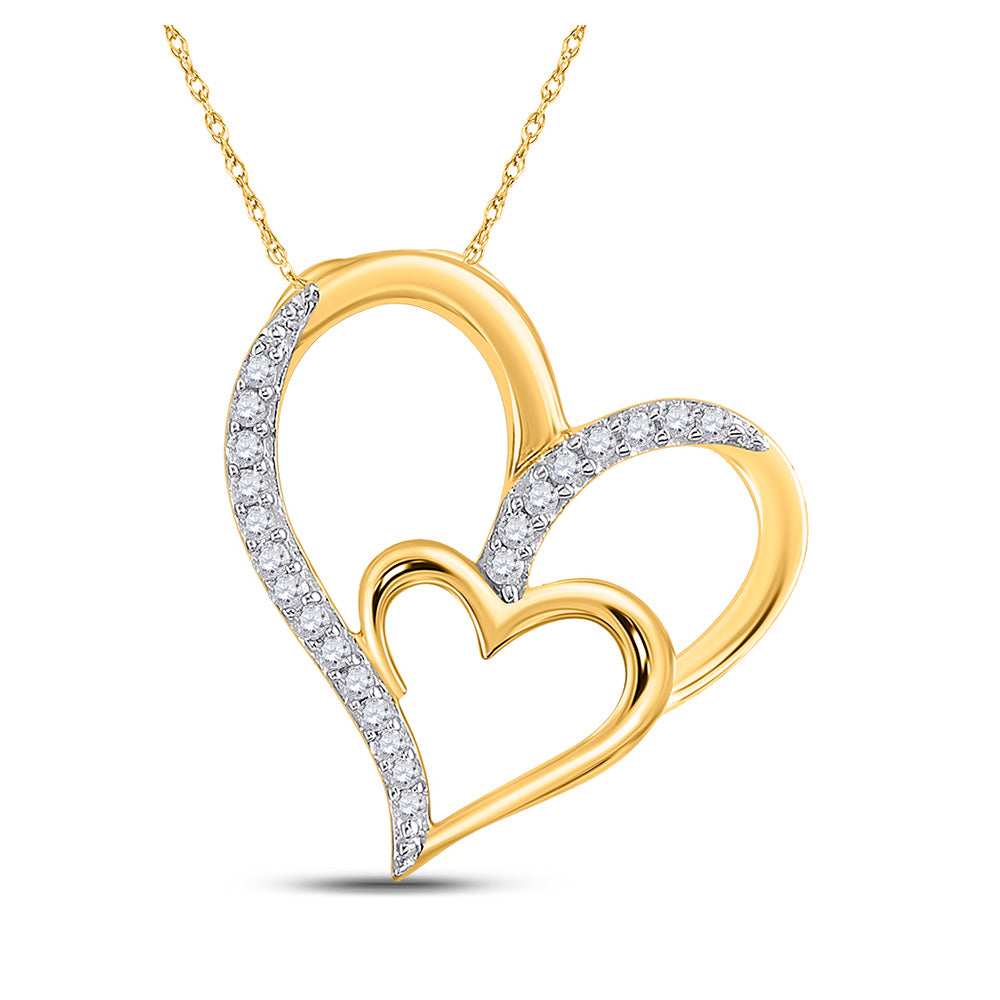 10kt Yellow Gold Womens Round Diamond Double Heart Pendant 1/6 Cttw