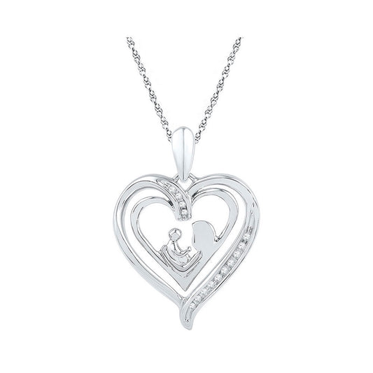 Sterling Silver Womens Round Diamond Mom Child Heart Pendant 1/20 Cttw