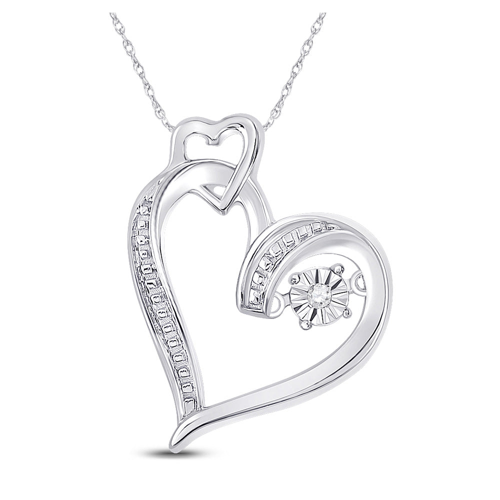 Sterling Silver Womens Round Diamond Moving Twinkle Heart Pendant .01 Cttw