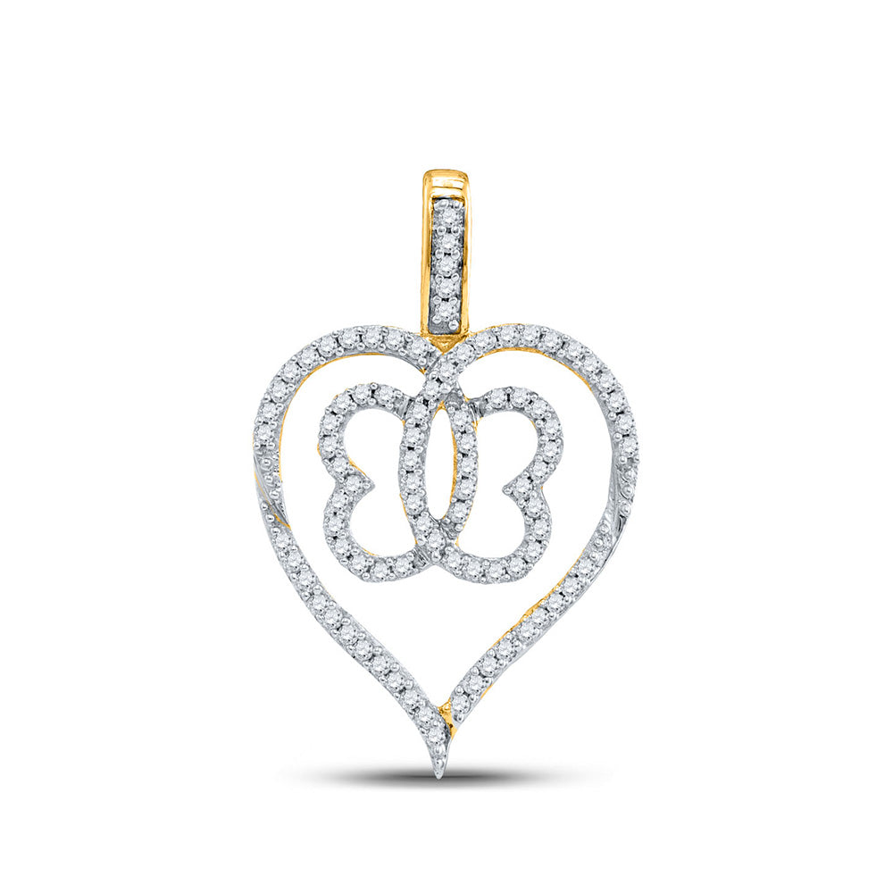 10kt Yellow Gold Womens Round Diamond Butterfly Heart Pendant 1/3 Cttw