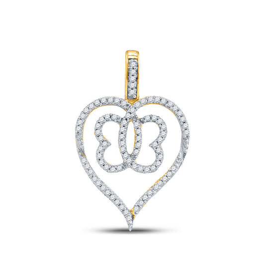 10kt Yellow Gold Womens Round Diamond Butterfly Heart Pendant 1/3 Cttw