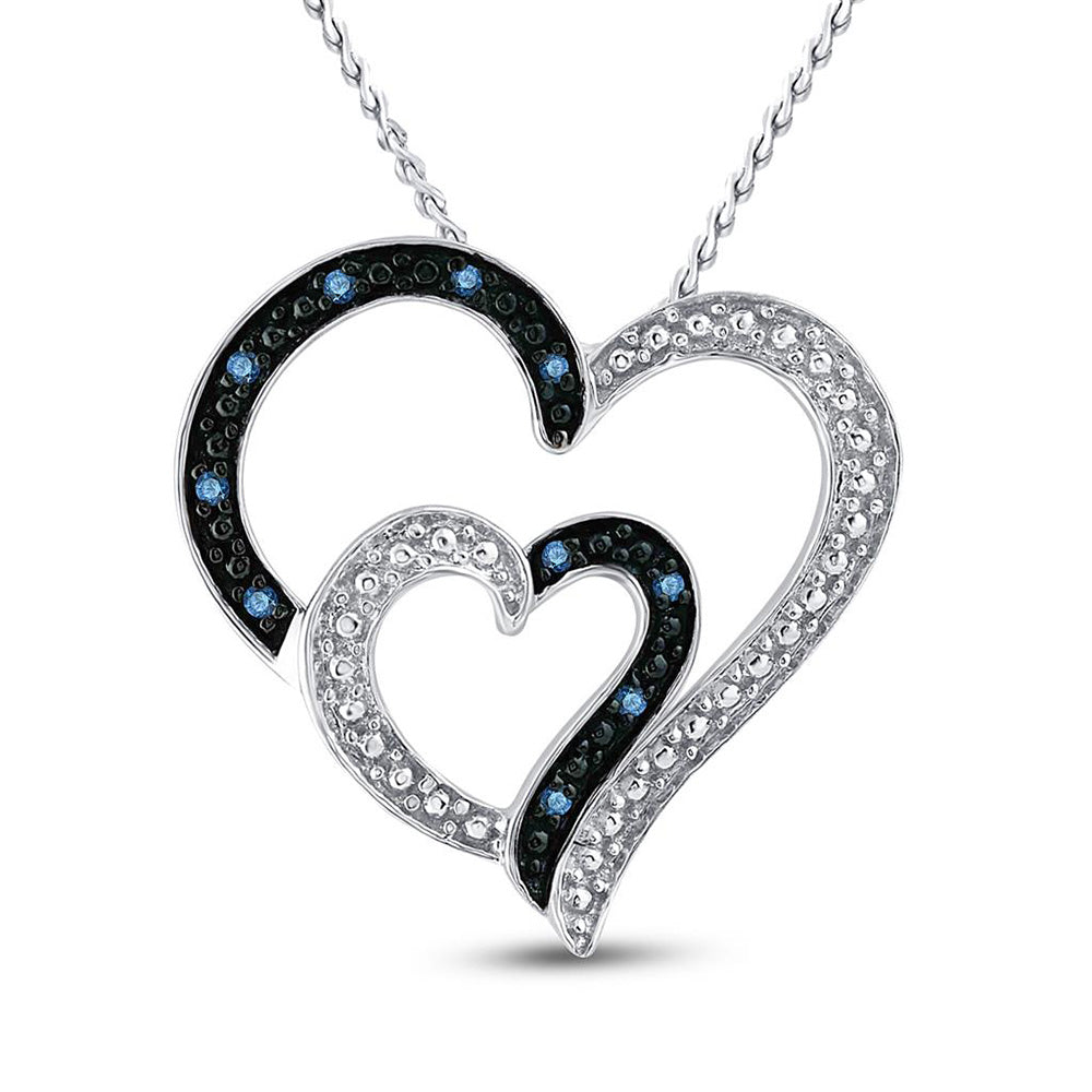 Sterling Silver Womens Round Blue Color Enhanced Diamond Heart Pendant 1/20 Cttw