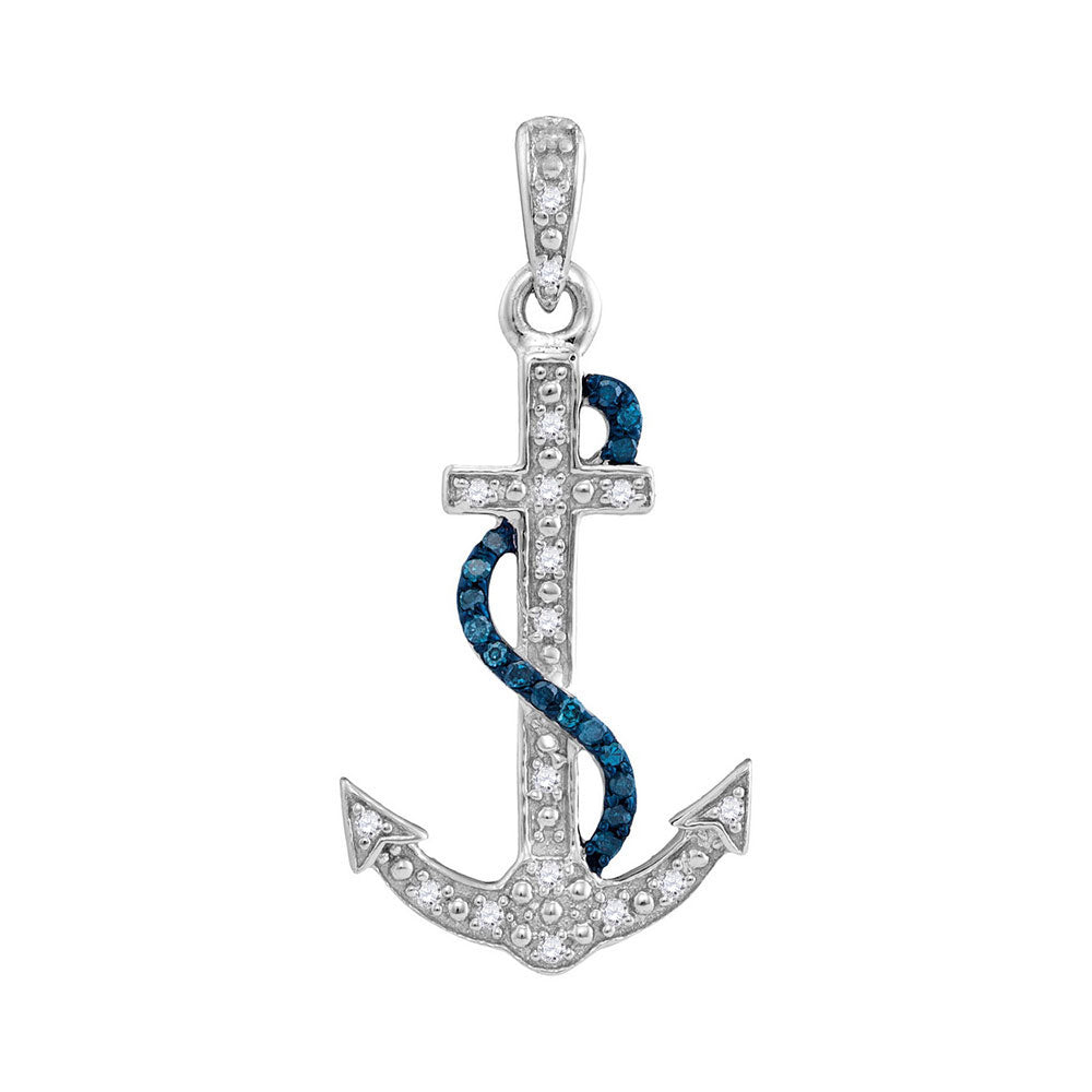 Sterling Silver Womens Round Blue Color Enhanced Diamond Nautical Anchor Pendant 1/10 Cttw