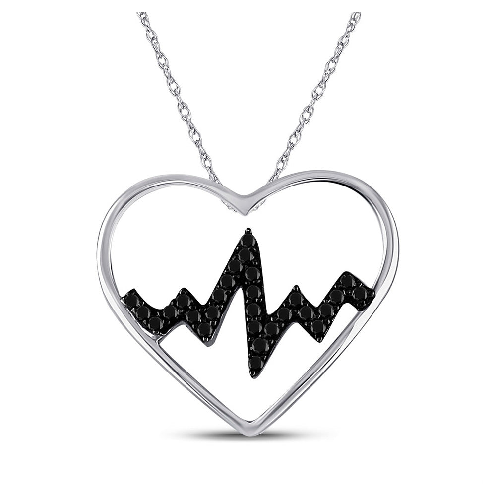 Sterling Silver Womens Round Black Color Enhanced Diamond Heartbeat Heart Pendant 1/10 Cttw