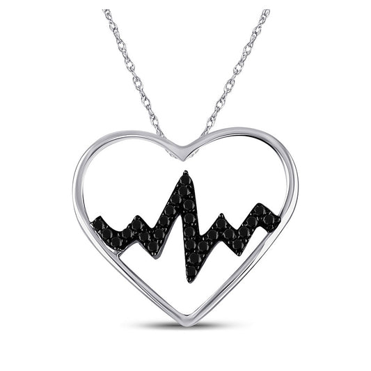 Sterling Silver Womens Round Black Color Enhanced Diamond Heartbeat Heart Pendant 1/10 Cttw