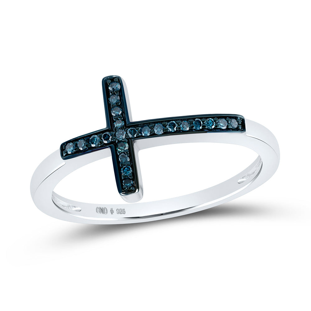 Sterling Silver Womens Round Blue Color Enhanced Diamond Cross Fashion Ring 1/20 Cttw