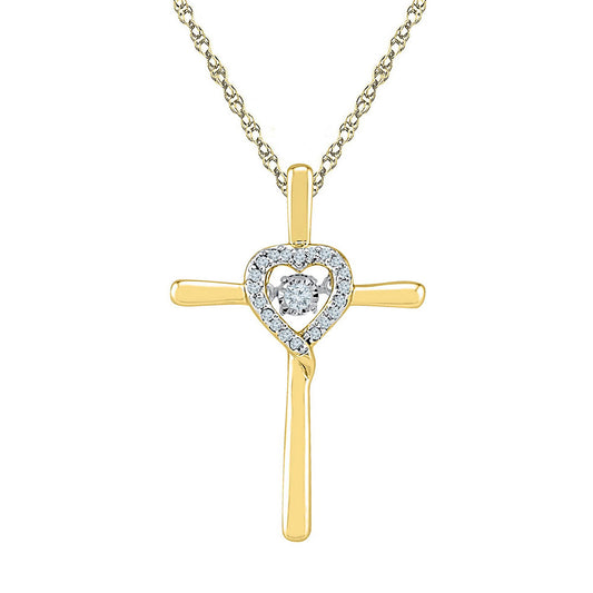 10kt Yellow Gold Womens Round Diamond Solitaire Cross Heart Religious Pendant 1/10 Cttw