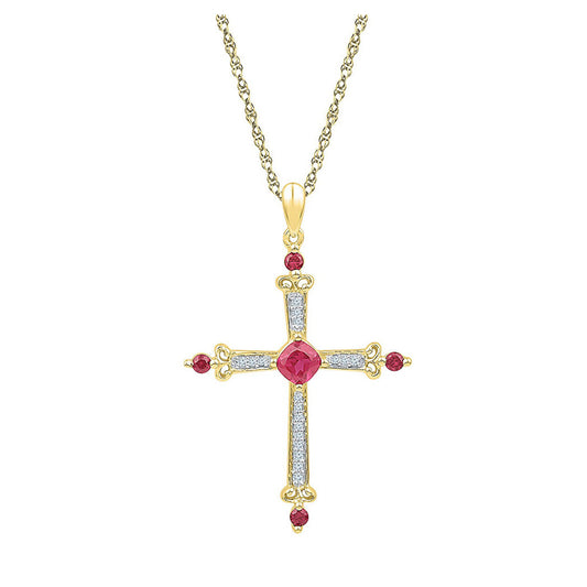 10kt Yellow Gold Womens Round Synthetic Ruby Diamond Cross Pendant 1-1/3 Cttw