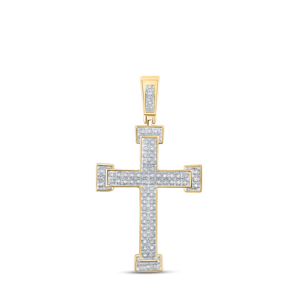 10kt Yellow Gold Mens Round Diamond Roman Cross Religious Charm Pendant 1/5 Cttw