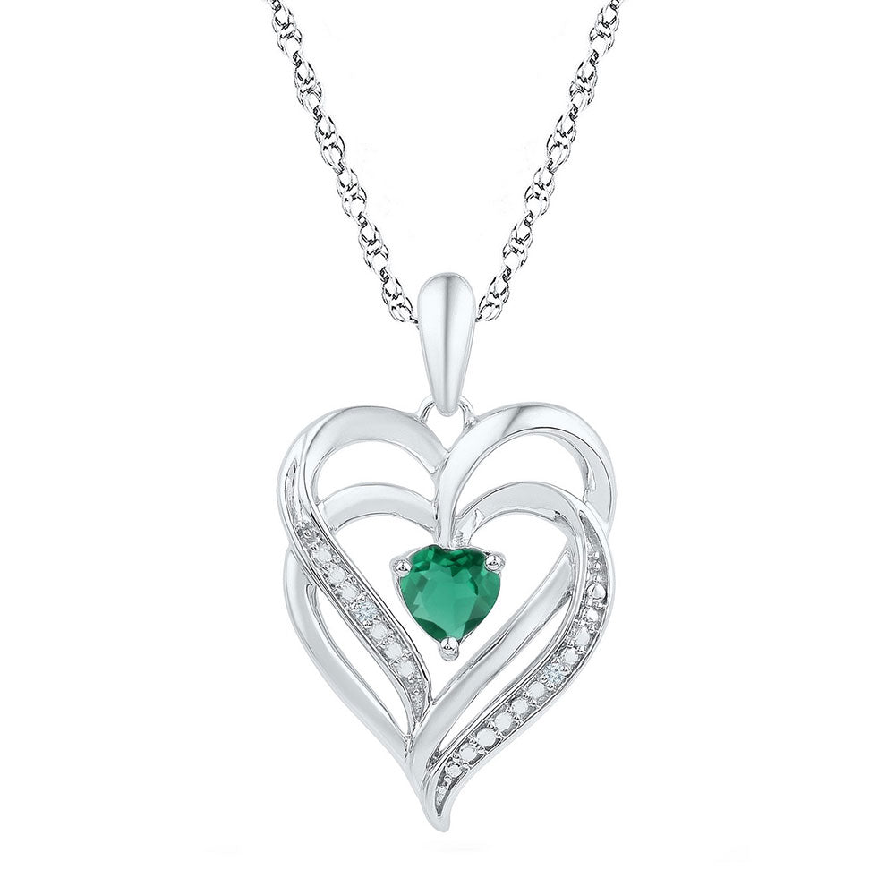 Sterling Silver Womens Round Synthetic Emerald Heart Pendant 5/8 Cttw