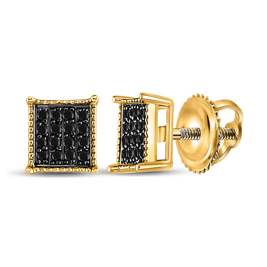 10kt Yellow Gold Round Black Color Enhanced Diamond Square Stud Earrings 1/10 Cttw