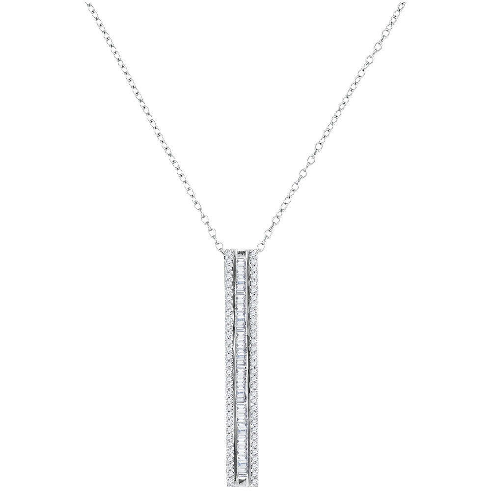 10kt White Gold Womens Round Baguette Diamond Vertical Bar Pendant 1/2 Cttw