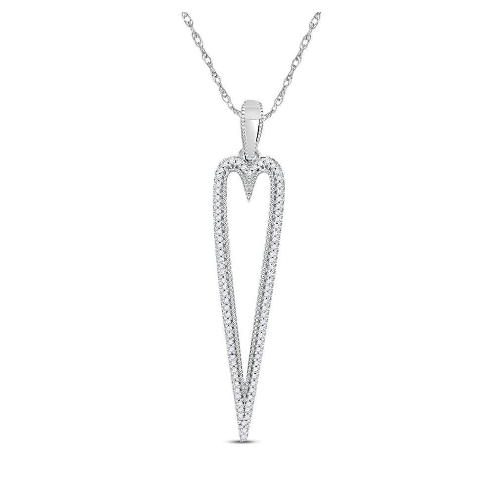 10kt White Gold Womens Round Diamond Narrow Heart Outline Pendant 1/5 Cttw