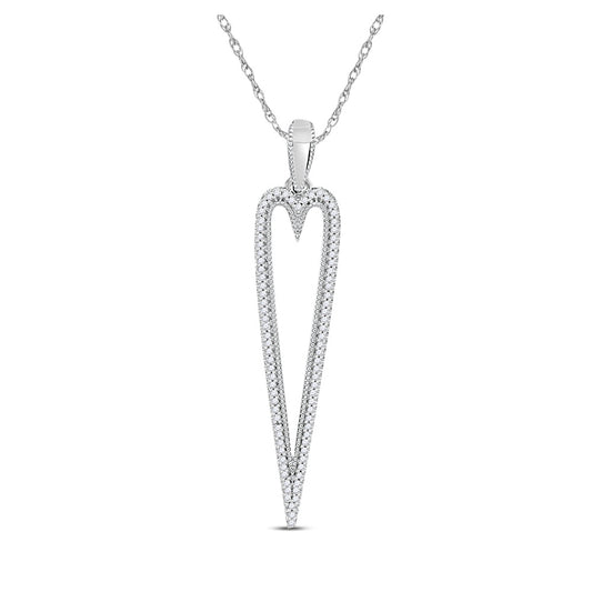 10kt White Gold Womens Round Diamond Narrow Heart Outline Pendant 1/5 Cttw