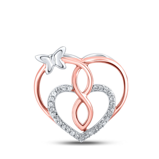 Rose-tone Sterling Silver Womens Round Diamond Heart Butterfly Pendant 1/10 Cttw