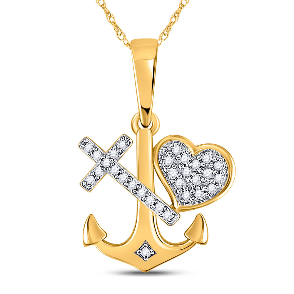 10kt Yellow Gold Womens Round Diamond Heart Cross Anchor Pendant 1/12 Cttw