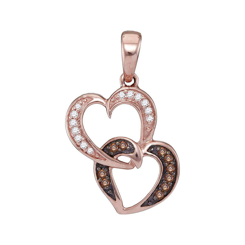 10kt Rose Gold Womens Round Brown Diamond Double Heart Pendant 1/10 Cttw