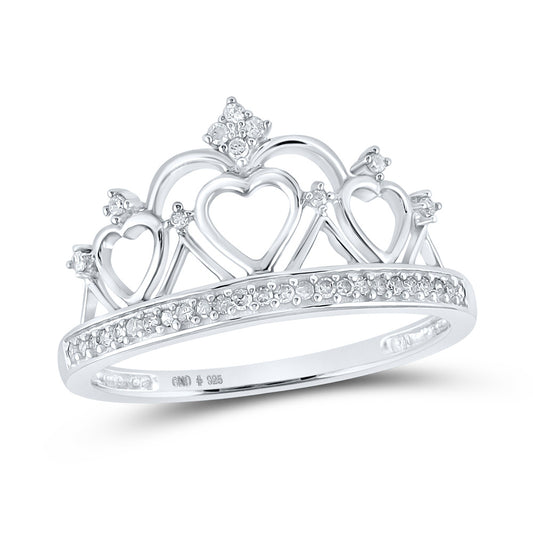 Sterling Silver Womens Round Diamond Heart Crown Tiara Fashion Ring 1/6 Cttw