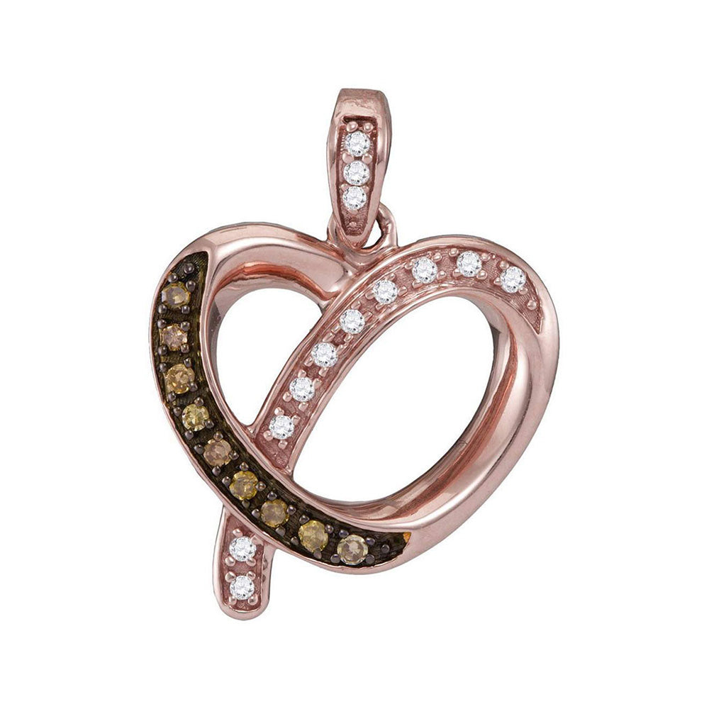 10kt Rose Gold Womens Round Brown Diamond Heart Pendant 1/8 Cttw