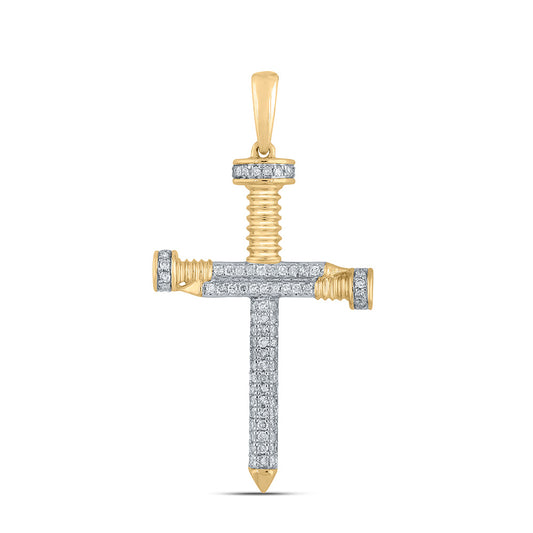 10kt Yellow Gold Mens Round Diamond Nail Cross Charm Pendant 1/3 Cttw