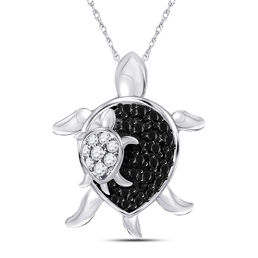 10kt White Gold Womens Round Black Color Enhanced Diamond Turtle Animal Pendant 1/8 Cttw