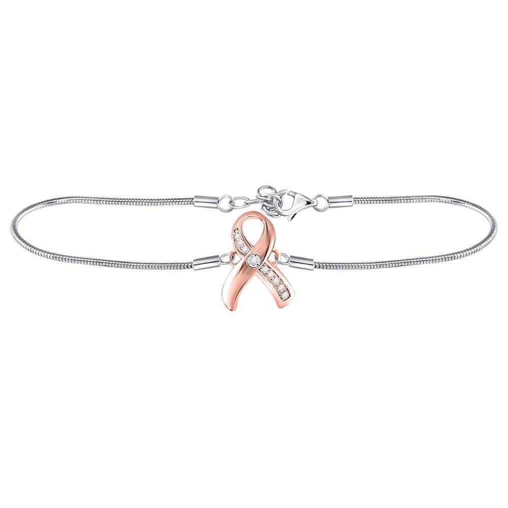 Sterling Silver Womens Round Diamond Pink Awareness Ribbon Fashion Bracelet 1/20 Cttw