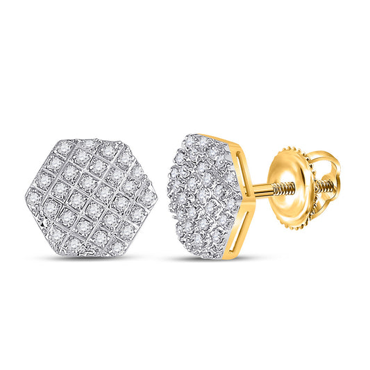 10kt Yellow Gold Round Diamond Hexagon Cluster Earrings 1/6 Cttw