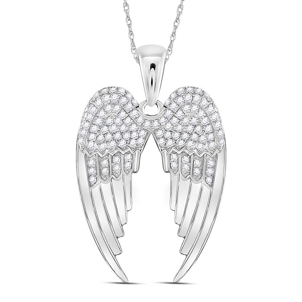 Sterling Silver Womens Round Diamond Angel Wings Pendant 3/8 Cttw