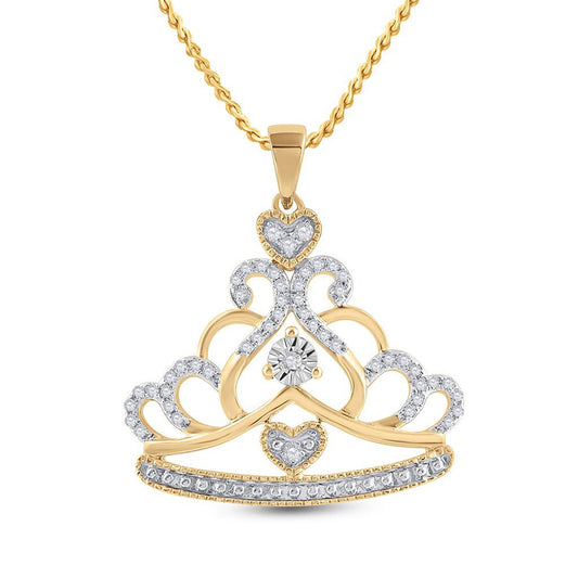 10kt Yellow Gold Womens Round Diamond Crown Tiara Fashion Pendant 1/6 Cttw