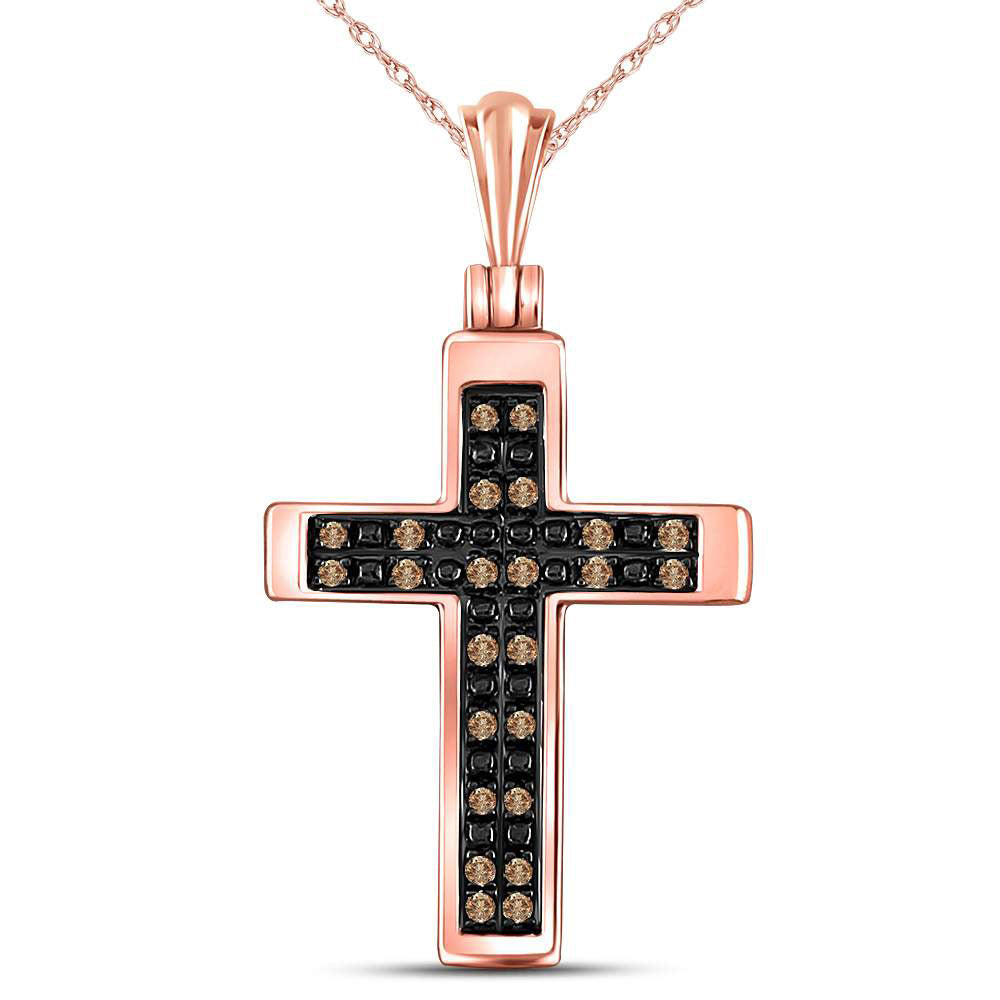 10kt Rose Gold Womens Round Brown Diamond Cross Pendant 1/8 Cttw