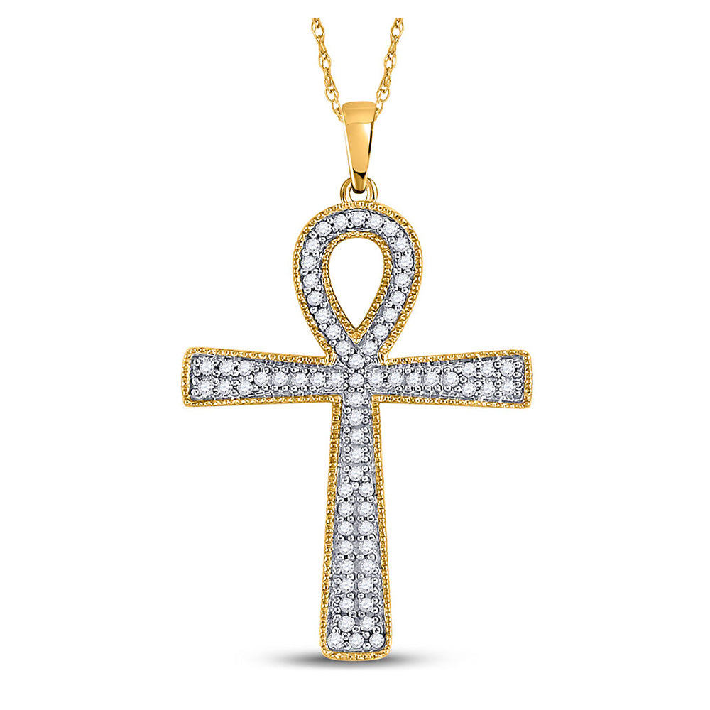 10kt Yellow Gold Mens Round Diamond Ankh Cross Charm Pendant 1/6 Cttw