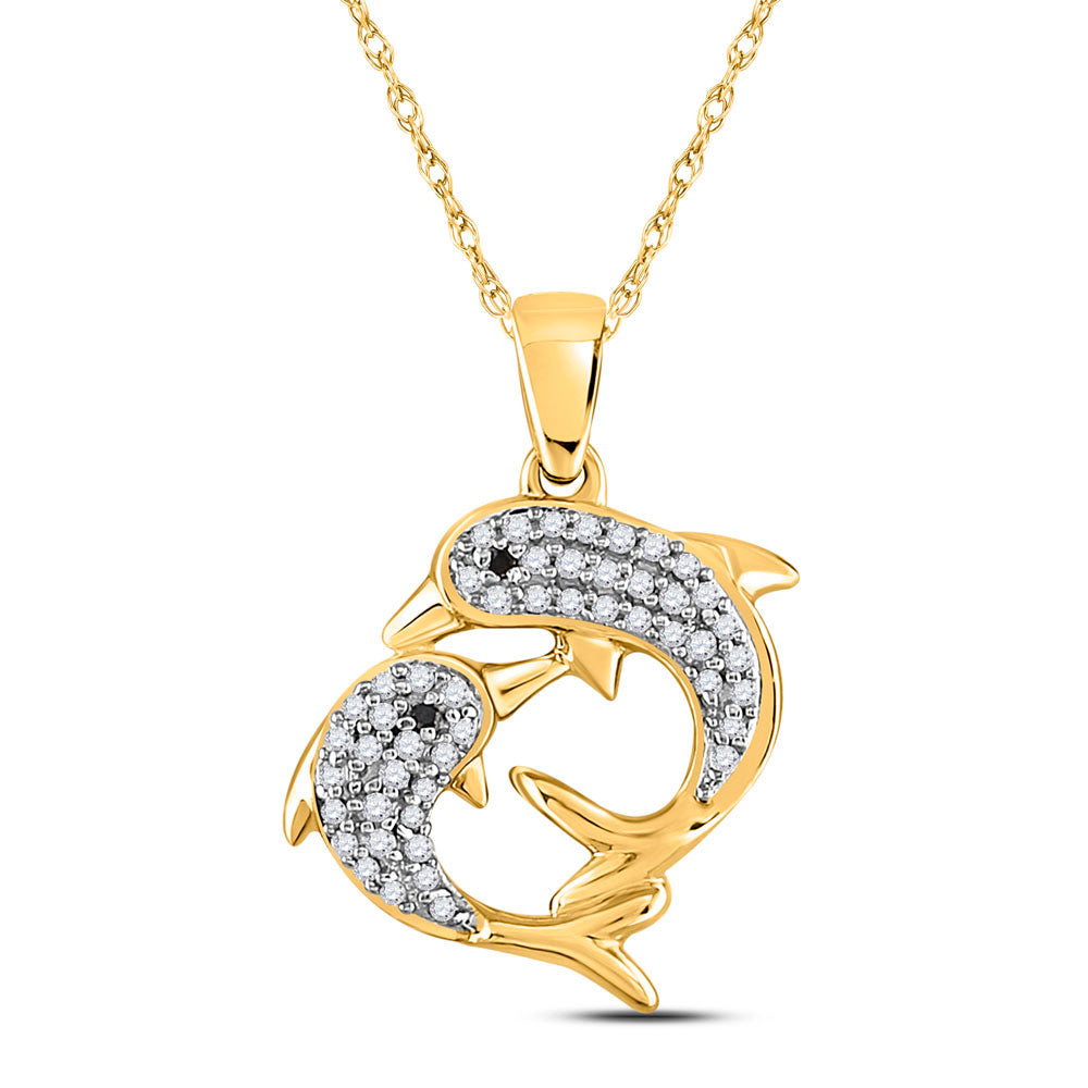 10kt Yellow Gold Womens Round Black Color Enhanced Diamond Dolphin Pendant 1/6 Cttw